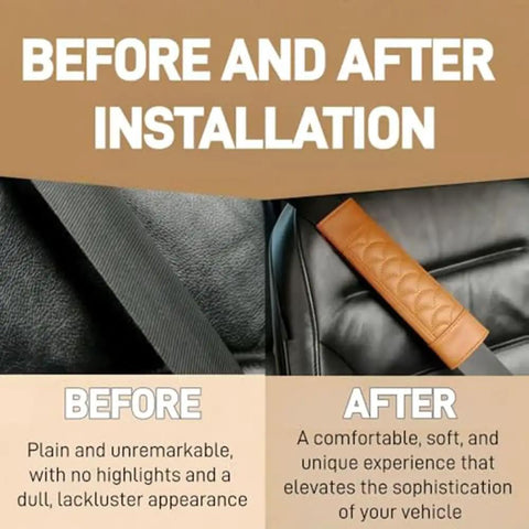 Before and after installation of Premium Leather Seat Belt Cover For Tesla Cybertruck Featuring Quilted Smooth Surface, showcasing transformation.