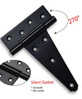 Black T-strap hinge from Heavy Duty Gate Hardware Kit with 270-degree rotation, featuring silent gasket