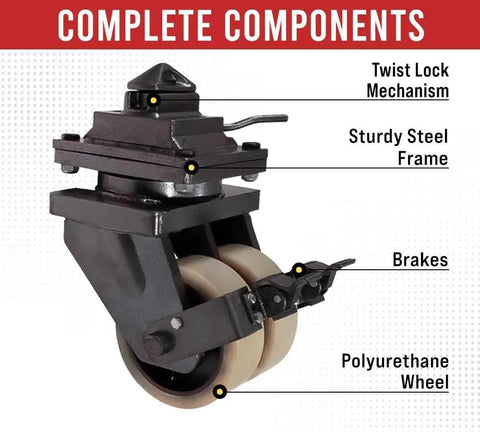 Four Pack 8 Inch ISO Shipping Container Double Caster Wheels With Brakes For Heavy Duty Moves, steel frame, twist lock, close-up