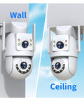 Dual Lens 4K 8MP HD PTZ Weatherproof Outdoor Security Camera WiFi mounted on wall and ceiling showing installation options.
