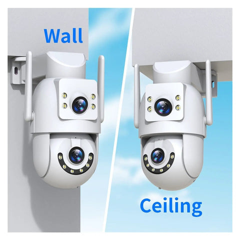Dual Lens 4K 8MP HD PTZ Weatherproof Outdoor Security Camera WiFi mounted on wall and ceiling showing installation options.