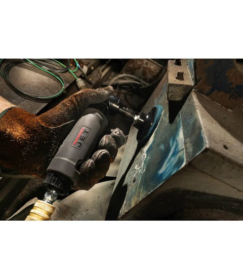 Worker using One Quarter Inch Right Angle Die Grinder With Composite Housing Twenty Thousand RPM One Third HP on metal corner
