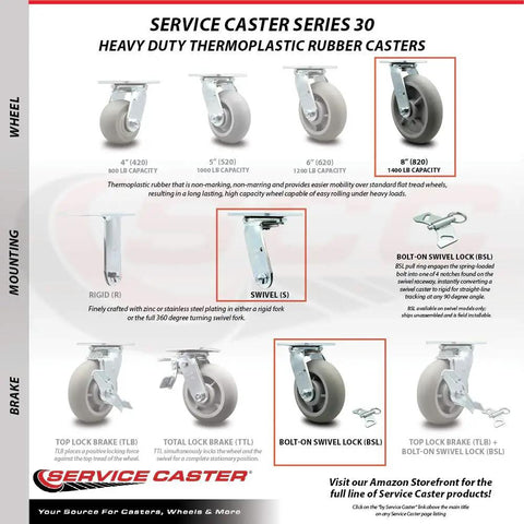 Heavy Duty Eight Inch Swivel Casters Set Of Four Featuring Thermoplastic Rubber Donut Tread with stainless steel mount.