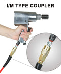 1/4-Inch By 50-Foot Polyurethane Air Hose With Bend Restrictors attached to tool, quick coupler and plug kit visible