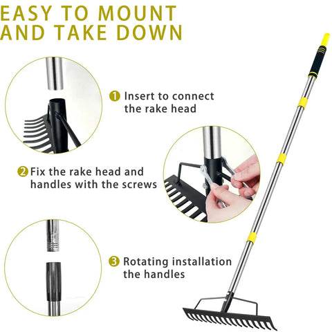 Heavy Duty Garden Bow Rake With Stainless Steel Handle 5.4 Foot Reach 17 Tine Metal Head installation and assembly steps.