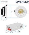 Four Inch Led Recessed Can Lights Featuring Glide Around Gimbal Head Five Daylight Choices, showcasing dimensions and features.