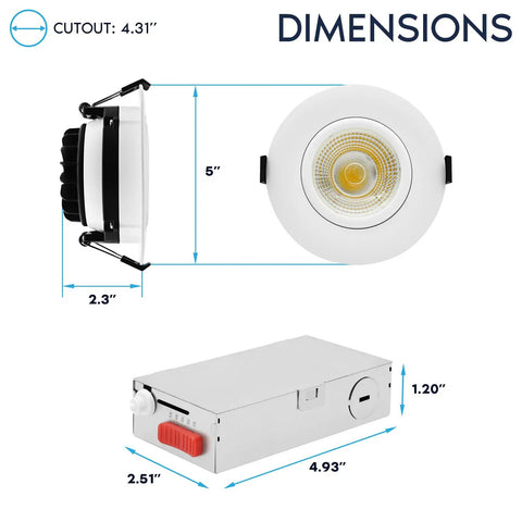 Four Inch Led Recessed Can Lights Featuring Glide Around Gimbal Head Five Daylight Choices, showcasing dimensions and features.
