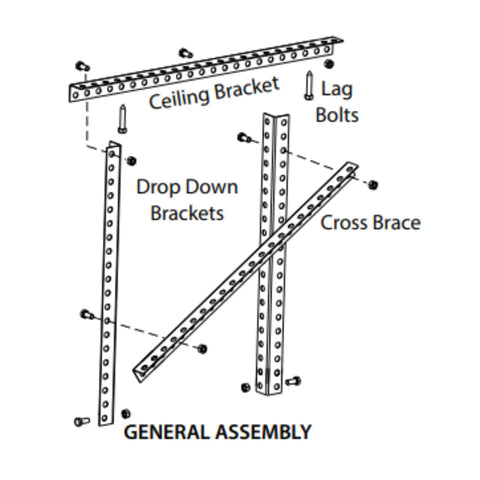Diagram showing Universal Garage Door Opener Ceiling Hanging Kit with perforated 13G angle, drop down brackets, and ceiling brace.