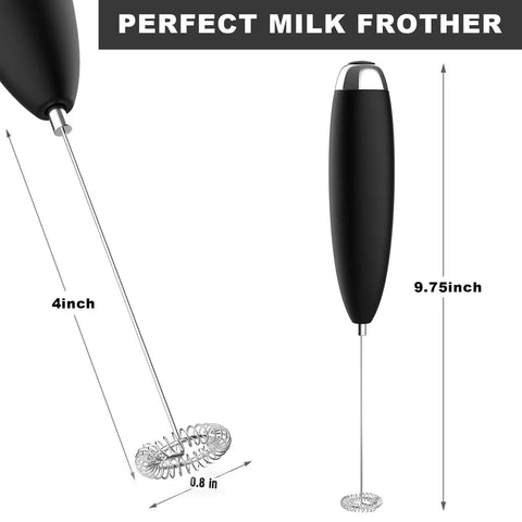 Handheld Electric Milk Frother Wand for Coffee at Home, Battery Operated Drink Mixer, black with 4-inch stainless steel whisk.