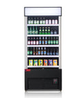 Straight Up Pro Grade Commercial Open Air Merchandiser Refrigerator Cooler With Heavy Duty Sliding Air Curtain Tech displaying drinks.