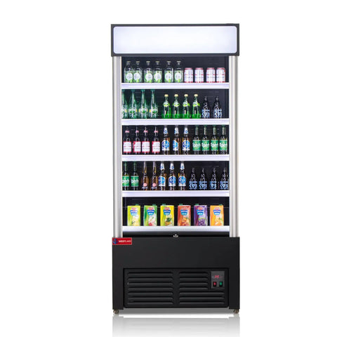 Straight Up Pro Grade Commercial Open Air Merchandiser Refrigerator Cooler With Heavy Duty Sliding Air Curtain Tech displaying drinks.
