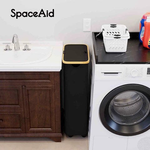 Slim Laundry Hamper With Wheels And Lid, 62L Rolling Clothes Basket With Bamboo Handle, Black, fits between washer and dryer