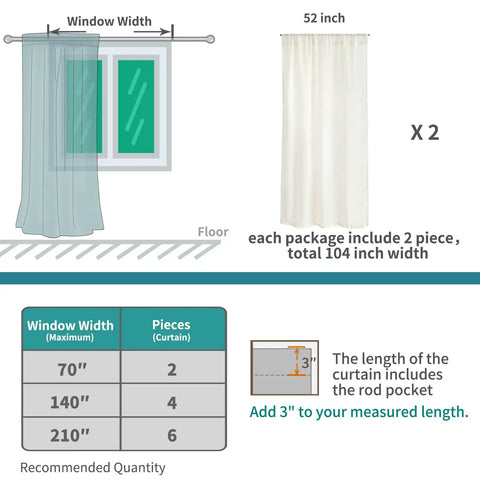 White Linen Semi Sheer Curtain Panels Cozy Two Pack 84 Inch Length Rod Pocket Light Filtering Drapes For Living Room Bedroom Dining Long Window Treatments 52 X 84 Inches, diagram showing curtain width and recommended quantities for window sizes