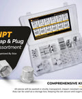 64 Pcs Hydraulic NPT Pipe Fittings Cap And Plug Adapter Kit in galvanized steel case with size chart, precision threads visible