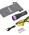 SV53 15W 365nm UV Flashlight Pro Grade USB Rechargeable Black Light with UV glasses, USB cable, and pouch included.