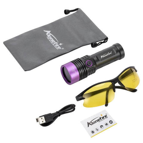 SV53 15W 365nm UV Flashlight Pro Grade USB Rechargeable Black Light with UV glasses, USB cable, and pouch included.