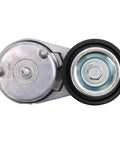 Get Your Smooth Ride Back With This Heavy Duty Serpentine Belt And Drive Belt Tensioner Assembly Component Kit Perfect For Grease Monkey DIYers Looking To Replace Worn Out Engine Accessories Fast In Garage Or Shop, close-up metal tensioner
