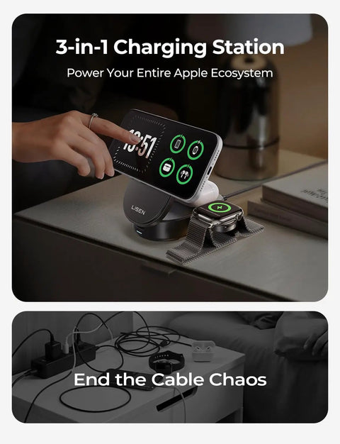Ultra Fast 25W 3 In 1 Wireless Charging Station Foldable MagSafe Stand For iPhone 17 16 15 14 13 Pro Max Apple Watch And AirPods on a desk