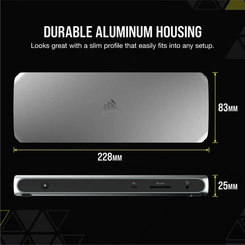 Thunderbolt 3 Dock For Laptop Users Delivers Snazzy Desk Setups With 85W Fast Charging, compact aluminum housing, 228mm x 83mm x 25mm.