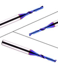 CNC router bit with 1/4 in shank, 1/8 in cutting diameter; blue-coated single-flute spiral end mill front/side views.