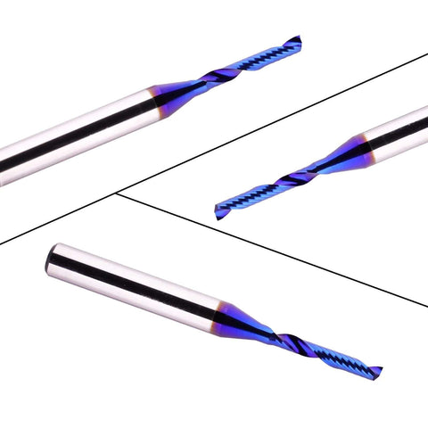 CNC router bit with 1/4 in shank, 1/8 in cutting diameter; blue-coated single-flute spiral end mill front/side views.