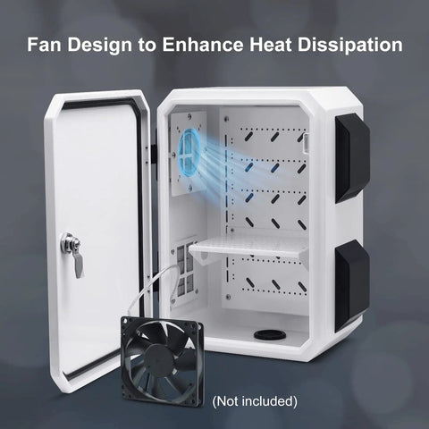 Open Outdoor Electrical Box Weatherproof IP65 Enclosure showing fan design for heat dissipation, wall or pole mount capable.
