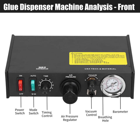 Front view of Pro Grade Glue Dispenser Machine with Timer, showing controls and gauges for 0.01ml precision adhesive dispensing.