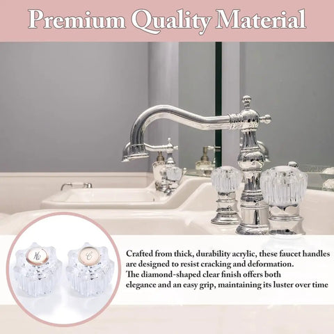 Two Piece Shower Knob Replacement Set For Hot And Cold Faucets, Durable Acrylic Handles on a Bathroom Sink