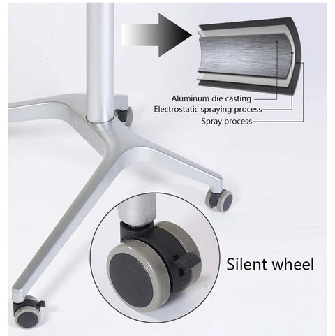 Mobile Standing Desk With Smooth Roll Casters Height Adjustable Sit To Stand Laptop Table Kick Back Remote Work Hub Rock Solid Rolling Cart With Pneumatic Height Adjustment showing silent wheels and aluminum base.