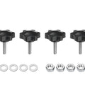 Four Pack Heavy Duty Star Clamping Knobs With Straight Shot M6 Metric Threads And Rock Solid Stainless Steel Shafts Paired With A Knockout Black Plastic Grip for manual adjustments.
