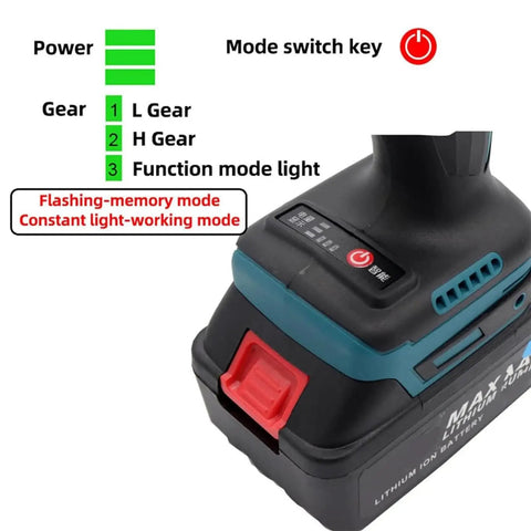 Power indicators and mode switch on Knockout Cordless Electric Rivet Gun And Automatic Nut Setter With Extended Runtime Battery Pack.