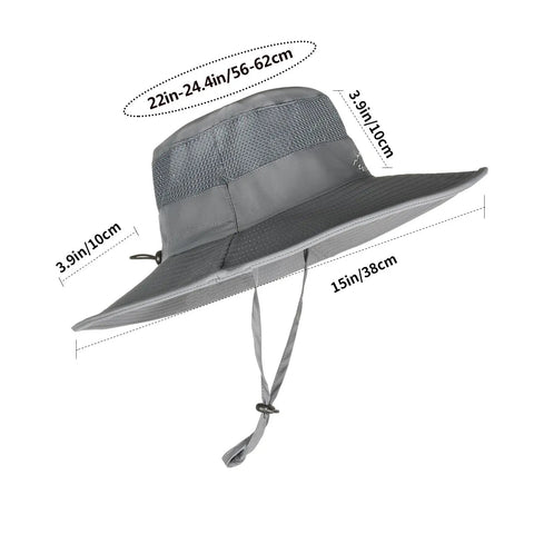 Go To Sun Hat For Men And Women With UPF 50 Plus Protection All Day Breathable Wide Brim Fishing Hat showing size dimensions