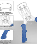 20 Pcs Solid Steel Miter Spring Clamps Kit With Ring Holder For Woodworking Trim, Crown Molding, And Picture Frames. close-up of stainless steel clamp with blue rubber handle
