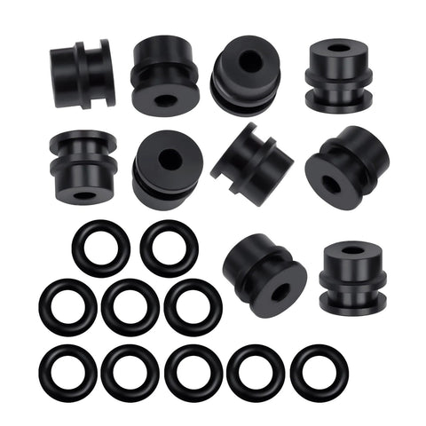 Flat lay of black side-seal kit for Fusion Air Purge AP Spray Gun, featuring rubber O-rings and plastic spacers.