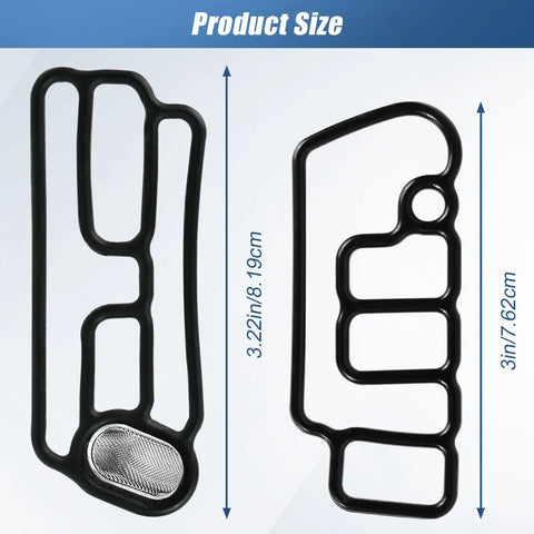 Honda VTEC Solenoid Valve Gasket For Acura Honda Models Oil Leak Prevention With Premium Rubber Core Triple Seal Technology And Self Venting Design For Engine Variable Valve Timing And 100000 Miles, two gaskets with dimensions labeled 3.22in x 8.19cm and 3in x 7.62cm