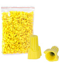Yellow Winged Wire Connectors 500 Piece Set For AWG 18 To 10 Twist On Wire Nuts With Fast Tool Free Installation And Quick Electrical Connections Easy Install For Home Wiring Lighting And DIY Projects, two connectors shown outside the bag