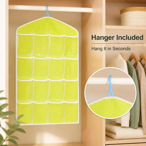 Smooth Over Door Shoe Hanging Storage Bag With Sixteen Clear Pockets For Fast Closet Setup and Hassle Free Dorm Room Essentials Total Game Changer Flex displayed on a closet rod.