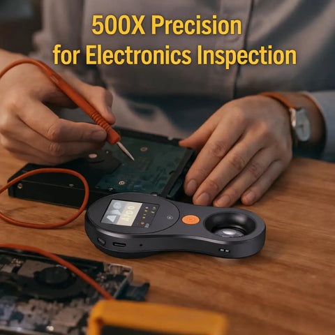 Handheld Digital Microscope 500x With 2.0 Inch IPS Screen For Real Time Viewing, USB Connection, on workbench for electronics inspection