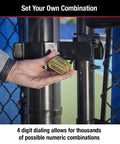 Hand adjusting Brass Resettable Four Digit Padlock For Indoor And Outdoor Use, No Fuss Security For Gym Lockers, attached to fence gate.