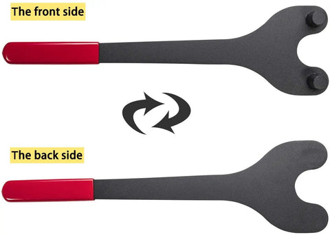 Front and back view of Cam Pulley Holder And Crankshaft Damper Locking Tool For Lexus And Toyota Engines, red handle, grooved pins