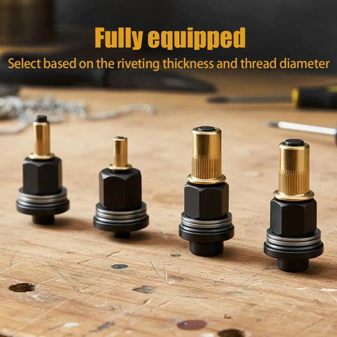 Rivet Nut Tool Set With 6 Sizes M3 M4 M5 M6 M8 M10 Hand Rivet Nut Setter Kit Plus 60 Nuts displayed on a workbench.