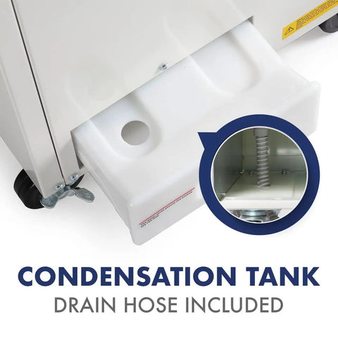 Condensation tank and drain hose on Heavy Duty Indoor Outdoor Spot Cooler With Twin Ducts And Auto Oscillating Airflow, 10,236 BTU Power