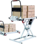 Heavy Duty Portable Hydraulic Lift Table Cart With Electric Motor And Strong Steel Shear Fork For Moving Heavy Loads Up To 660 Lbs safely lifting boxes in warehouse.