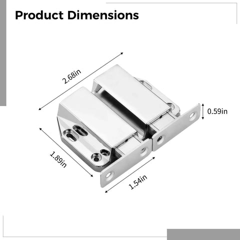 Push To Open Magnetic Door Latch For Glass Cabinets And Double Doors, Zinc Alloy With Chrome Finish, size dimensions shown