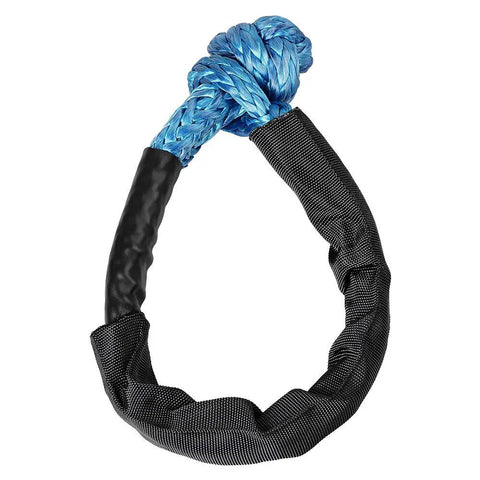 One Half Inch Synthetic Rope Soft Shackles Tough As Nails Badass Recovery Rigging 38000 Pound Break Strength Two Piece Bundle For Off Road Jeep Truck Towing Adventures blue synthetic rope soft shackle with black protective sleeve