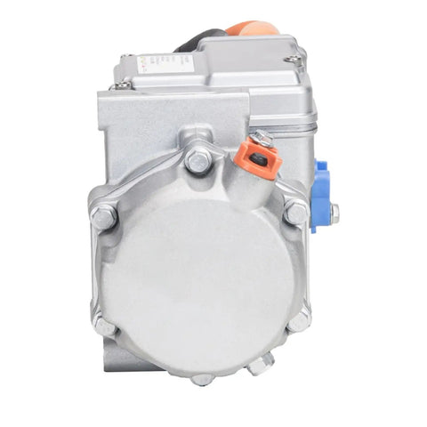 Ultra Low Noise 48V Electric AC Compressor features a silver metal body and connectors, designed for efficient vehicle cooling.