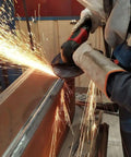 Top Shelf Heavy Duty 7 Inch Air Angle Grinder With Two Point Two Horsepower Motor And 8500 Rpm grinding metal with sparks flying.