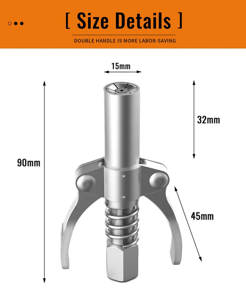 Heavy Duty Grease Gun Coupler With Six Lobed Locking Jaws And Gasket, Dual Handle Quick Release, Size Details Diagram