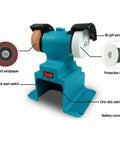 Fafeicy 200W Cordless Mini Bench Grinder Polisher with 80 and 100 grit sandpaper, one click start switch, and battery connector.