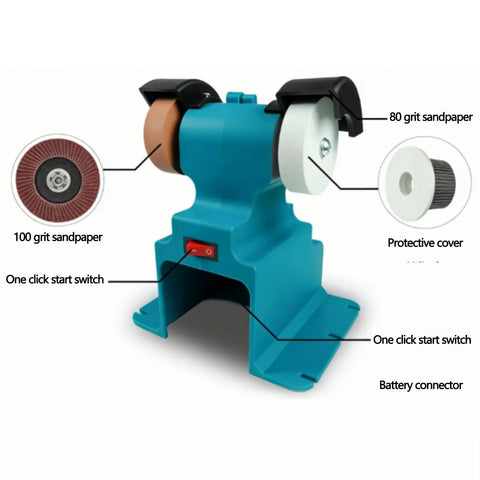 Fafeicy 200W Cordless Mini Bench Grinder Polisher with 80 and 100 grit sandpaper, one click start switch, and battery connector.